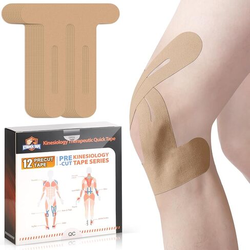 Kinesiology Tape for Knees, 12 Count Kinesiology Tape Precut for Knees, KTQUICK Original Cotton Waterproof & Breathable, Enhance Elastic Kinesiology Athletic Tape for Knee Support and Muscle in Kuwait