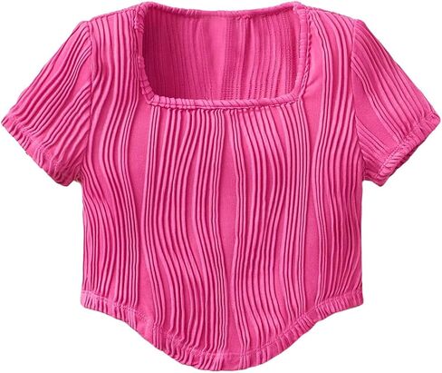 SweatyRocks Girl's Square Neck Textured Tee Shirt Short Sleeve Asymmetrical Hem Solid Crop Tops in Saudi Arabia