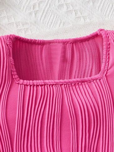 SweatyRocks Girl's Square Neck Textured Tee Shirt Short Sleeve Asymmetrical Hem Solid Crop Tops in Saudi Arabia