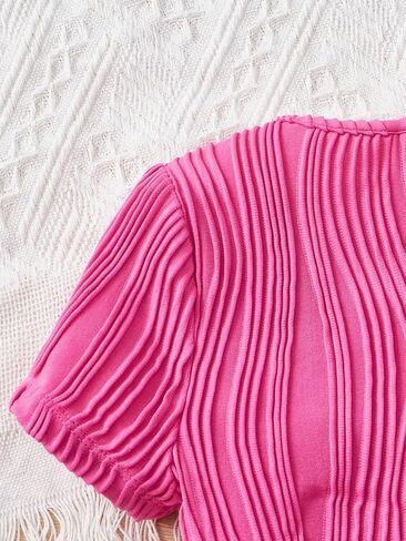 SweatyRocks Girl's Square Neck Textured Tee Shirt Short Sleeve Asymmetrical Hem Solid Crop Tops in Saudi Arabia