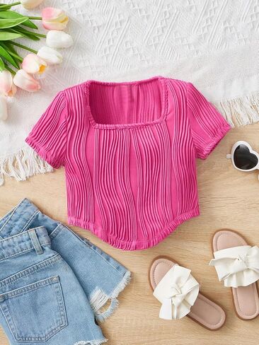 SweatyRocks Girl's Square Neck Textured Tee Shirt Short Sleeve Asymmetrical Hem Solid Crop Tops in Saudi Arabia