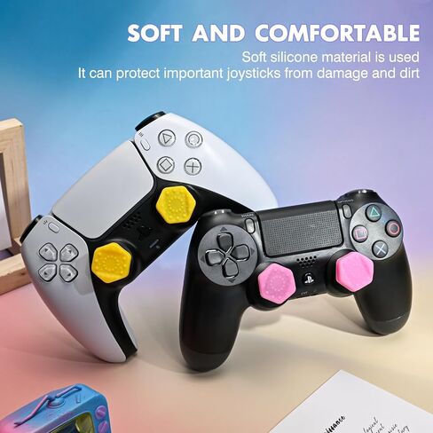 DLseego 4PCS Thumb Grips Caps for Xbox One X S PS5 PS4 PlayStation DualSense Switch Pro Wireless Controller Steam Deck, Soft Silicone Anti-Slip Button Cap Height Joystick Cover - Yellow Pink in Saudi Arabia