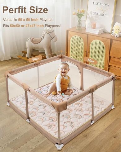 PINNKKU Baby Play Mat, 50x50 Playpen Mat, Thick & Soft Padded Play Mat for Baby and Toddlers, Foldable and Machine Washable Kids Play Mat for Floor Play, Crawling & Tummy Time, Boho Rainbow in Saudi Arabia