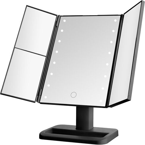 مرآة MELANNCO بيضاء ثلاثية الطي LED، 3 تكبيرات وأضواء LED قابلة للتعتيم، مرآة مكياج مضاءة، تحكم باللمس in Saudi Arabia