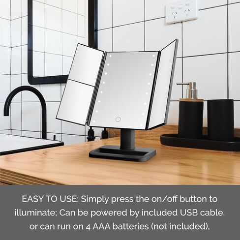 مرآة MELANNCO بيضاء ثلاثية الطي LED، 3 تكبيرات وأضواء LED قابلة للتعتيم، مرآة مكياج مضاءة، تحكم باللمس in Saudi Arabia