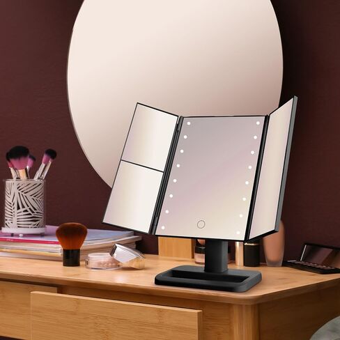 مرآة MELANNCO بيضاء ثلاثية الطي LED، 3 تكبيرات وأضواء LED قابلة للتعتيم، مرآة مكياج مضاءة، تحكم باللمس in Saudi Arabia