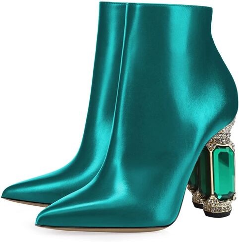 FSJ Women Chic Pointed Toe Crystal Chunky Block High Heel Ankle Boots Glossy Side Zipper Casual Daily Fashion Ladies Shoes Size 4-15 US in Saudi Arabia
