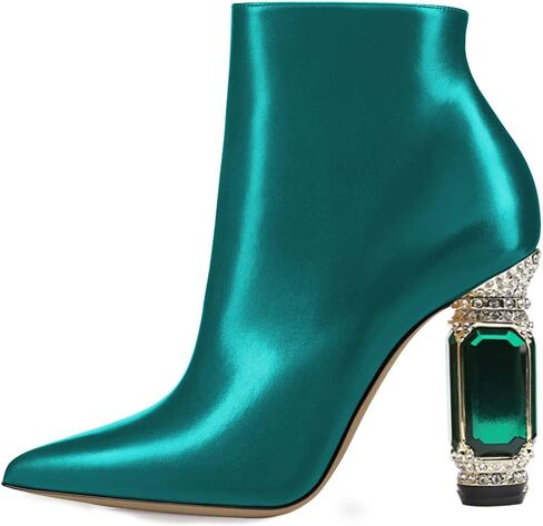 FSJ Women Chic Pointed Toe Crystal Chunky Block High Heel Ankle Boots Glossy Side Zipper Casual Daily Fashion Ladies Shoes Size 4-15 US in Saudi Arabia