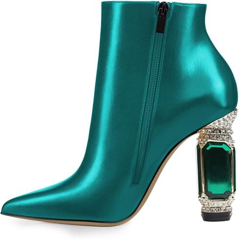 FSJ Women Chic Pointed Toe Crystal Chunky Block High Heel Ankle Boots Glossy Side Zipper Casual Daily Fashion Ladies Shoes Size 4-15 US in Saudi Arabia