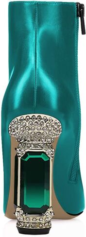 FSJ Women Chic Pointed Toe Crystal Chunky Block High Heel Ankle Boots Glossy Side Zipper Casual Daily Fashion Ladies Shoes Size 4-15 US in Saudi Arabia