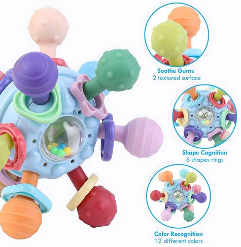 Baby Teething Toys, Baby Teether Montessori Sensory Toys for 0-6 6-12 Months, 1 Year Old Boys Girls Toys Gifts for Infant Newborn 0 3 6 9 12 18 Months, Toddler Learning Toys Baby Rattle Chew-Blue in Saudi Arabia