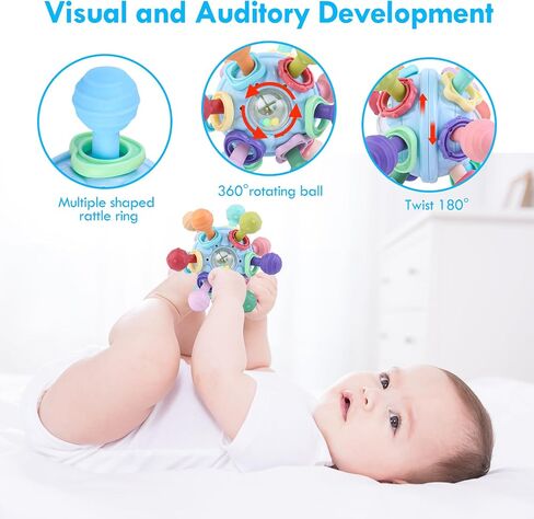 Baby Teething Toys, Baby Teether Montessori Sensory Toys for 0-6 6-12 Months, 1 Year Old Boys Girls Toys Gifts for Infant Newborn 0 3 6 9 12 18 Months, Toddler Learning Toys Baby Rattle Chew-Blue in Saudi Arabia