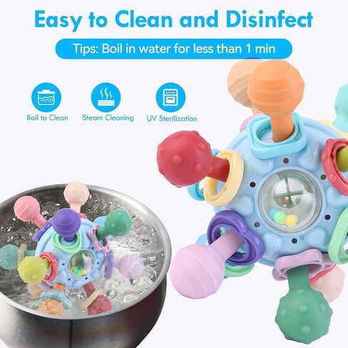 Baby Teething Toys, Baby Teether Montessori Sensory Toys for 0-6 6-12 Months, 1 Year Old Boys Girls Toys Gifts for Infant Newborn 0 3 6 9 12 18 Months, Toddler Learning Toys Baby Rattle Chew-Blue in Saudi Arabia