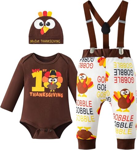 MOMMY'S NEW MAN My 1st Thanksgiving Newborn Baby Boy Outfit First Thanksgiving Boy Romper Turkey Suspender Pants With Hat in Saudi Arabia