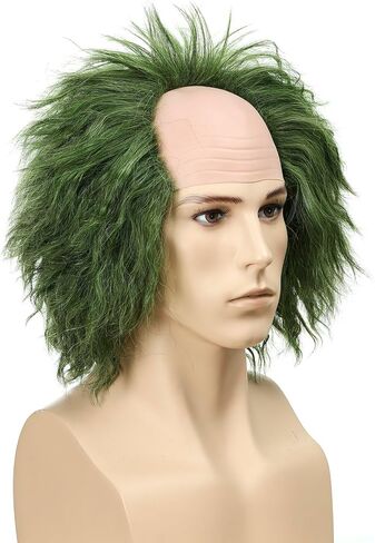 Short Curly Grass Green Wig with Bald Cap Clown Fluffy Wavy Green Wig for Women and Men Party Cosplay Costume Gothic Halloween in Saudi Arabia