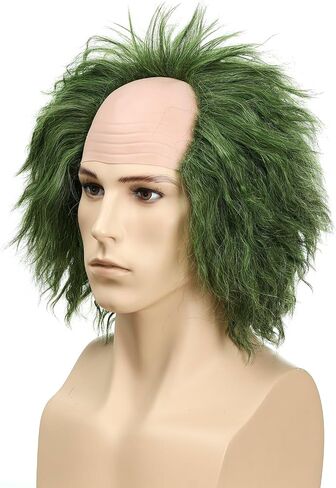 Short Curly Grass Green Wig with Bald Cap Clown Fluffy Wavy Green Wig for Women and Men Party Cosplay Costume Gothic Halloween in Saudi Arabia