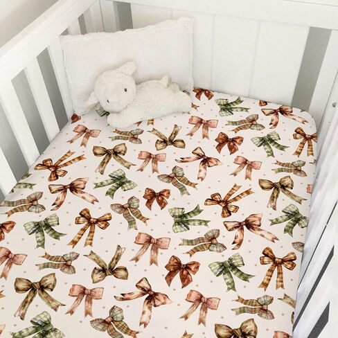 Fall Pumpkin Bows Daises Baby Crib Sheets 52''x28'' Vintage Autumn Pumpkins Maple Leaves Dots Fitted Crib Mattress Cover for Boy Girl Thanksgiving Soft Bed Sheet for Standard Crib Toddler Mattress in Saudi Arabia