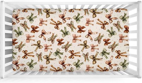Fall Pumpkin Bows Daises Baby Crib Sheets 52''x28'' Vintage Autumn Pumpkins Maple Leaves Dots Fitted Crib Mattress Cover for Boy Girl Thanksgiving Soft Bed Sheet for Standard Crib Toddler Mattress in Saudi Arabia
