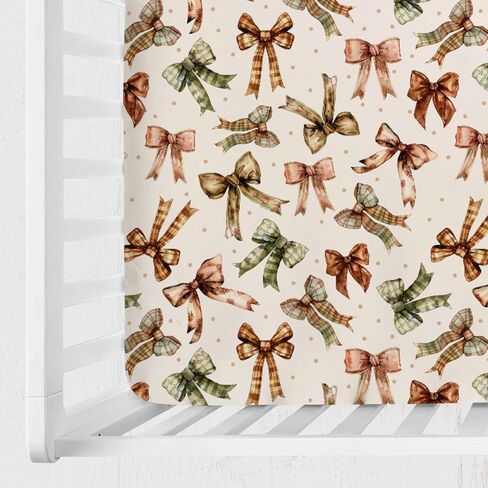 Fall Pumpkin Bows Daises Baby Crib Sheets 52''x28'' Vintage Autumn Pumpkins Maple Leaves Dots Fitted Crib Mattress Cover for Boy Girl Thanksgiving Soft Bed Sheet for Standard Crib Toddler Mattress in Saudi Arabia