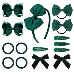 Hair Accessories, 15 Pieces Uniform Hair Bows, Hair Clips, Headband Hair Ties Set for Little Toddler School Girls (Dark Green)