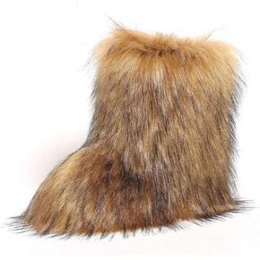 UBWDU Women's Faux Fur Boots Fluffy Fuzzy Furry Snow Boots Winter Mid-Calf Flat Shoes