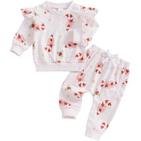 Toddler Baby Girl Chirstmas Outfit Bow Print Long Sleeve Ruffle Sweatshirt and Pants Set 2Pcs Fall Winter Clothes