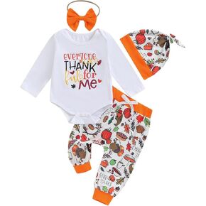 MBMSHEGH Baby Boy Girl Thanksgiving Outfit Everyone is Thankful Long Sleeve Romper Pants Headband Hat 4Pcs Clothes Set