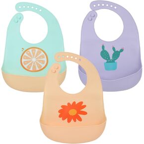 3 Pieces Baby Silicone Bibs, Soft Silicone Feeding Bibs, Waterproof Baby Feeding Bibs with Food Catcher for Toddlers 6 to 48 Months