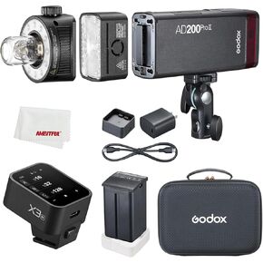 Godox AD200Pro II AD200 pro II Flash Strobe,with X3N Flash Trigger for Nikon,200Ws 1/512~1/1,1/8000 HSS,0.01-1.8s Recycle Time, 2980mAh Battery,Bare Bulb/Speedlite Fresnel Flash Head