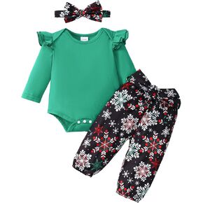 Newborn Baby Girl Christmas Outfit Long Sleeve Ribbed Romper Candy Pants Set Headband 3pcs Fall Winter Clothes