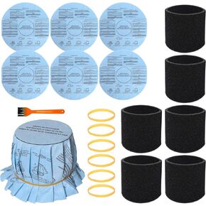 19 Pcs Reusable Vacuum Filter Kit for 5-Gallon+ Wet/Dry Vacuums (6 Foam Sleeve Filters 90585, 6 Dry Filter Discs 90107, 6 Retaining Bands, 1 Brush -Compatible with Shop-Vac, Genie, VacMaster)