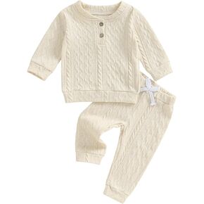 Rtnnsbbfcm Toddler Baby Boy Girl Fall Winter Clothes Cable Knit Long Sleeve Button Sweatshirt Top Pants Set
