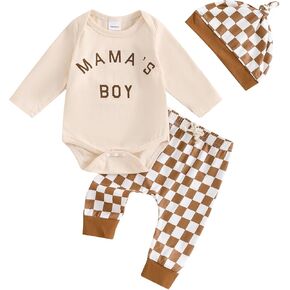 Baby Boy Fall Outfits Long Sleeve Letter Print Romper Shirt Checkerboard Pants Hat Sets Newborn Boy Winter Clothes