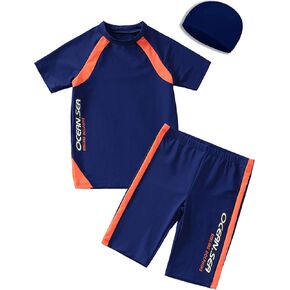 Boys’Rash Guard Set 2 Piece Swimsuits UPF 50+ Swim Shirt Bathing Suit Short Sleeve Swimwear for Boys 5-14T Grey