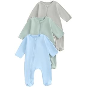 woshilaocai 3 Pack Baby Footie Sleepers for Boy Girl Zipper One-Piece Pajamas Long Sleeve Infant Romper