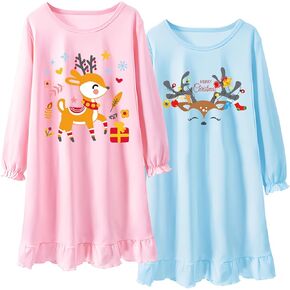 2Pcs Girls Nightgowns 3-10 Years Flutter Long Sleeves Nightdress Nightie Dress Sleepwear Pajamas for Toddler Kids Girls