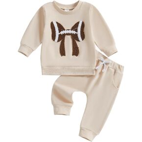 Karuedoo Toddler Baby Girl Football Clothes Football Bow Embroidery Long Sleeve Sweatshirt Top Pants Set 2Pcs Fall Outfits