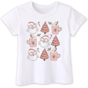 Toddler Girls Christmas Shirt for Kids Boy, Happy Xmas Shirt, Santa Snowman Trees Dinosaur Digger String Lights Prints, 2-6T