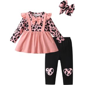 Derouetkia Baby Girl Clothes Infant Long Sleeve Bow Leopard Patchwork Fake Suspenders Tops Pants Outfit Set with Headband