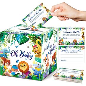 KiDEPOCH Diaper Raffle Baby Shower Games 50 PCS Safari Diaper Raffle Tickets with Holder Box Baby Shower Party Decorations Safari Diaper Raffle Box with Tickets