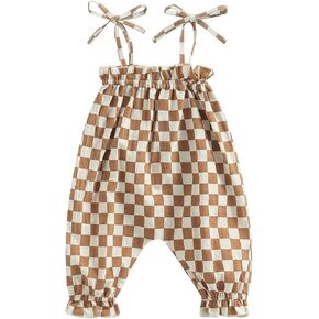 Infant Baby Girls Summer Jumpsuits Checkerboard Plaid Sleeveless Tie-up Smocked Romper Overalls One Piece Outfits