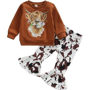 BULINGNA Toddler Baby Girl Western Outfit Highland Cow Long Sleeve Sweatshirt Pullovers Top Flare Pants Cowgirl Clothes Fall