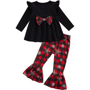 ESHOO Toddler Baby Girl Christmas Outfit Ruffle Long Sleeve Bow Tops Print Flared Pants Fall Bell-Bottom Clothes Set