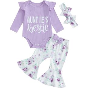 Aunties bestie baby clothes girl Crewneck Long Sleeve Ribbed Romper Floral Flared Pants Headband Set Fall Outfits