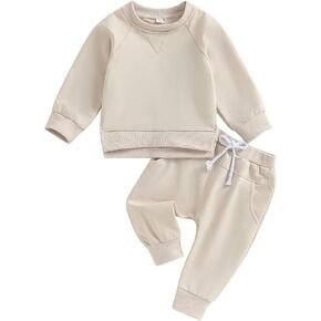 Toddler Baby Boy Girl Fall Winter Outfit Basic Solid Color Crewneck Long Sleeve Sweatshirt Top Jogger Pants Set