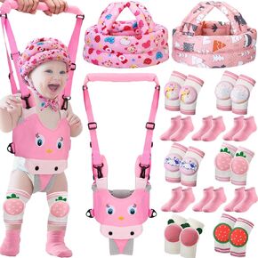 Panitay 15 Pcs Baby Walking Harness 6 Anti Slip Knee Pads for Crawling 6 Baby Socks 2 Baby Safety Helmet for 0-36 Months(Blue,Owl)