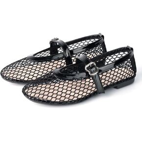 Samilor Mesh Ballet Flats for Women Buckle Strap Round Toe Mesh Flats Fishnet Flats with Strap Casual Ballerina Shoes