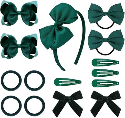 Hair Accessories, 15 Pieces Uniform Hair Bows, Hair Clips, Headband Hair Ties Set for Little Toddler School Girls (Dark Green) in Saudi Arabia