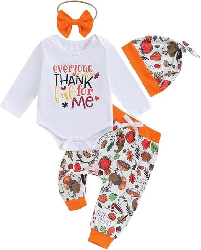 MBMSHEGH Baby Boy Girl Thanksgiving Outfit Everyone is Thankful Long Sleeve Romper Pants Headband Hat 4Pcs Clothes Set in Kuwait