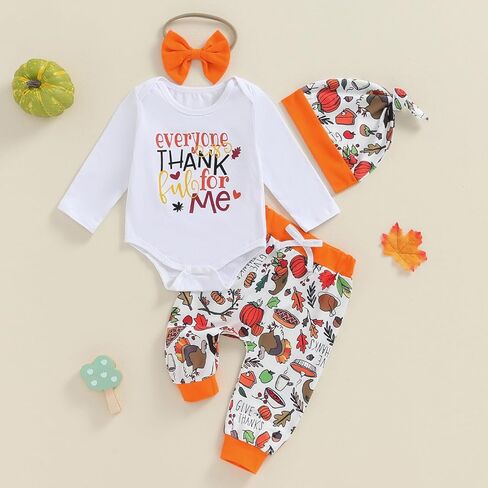 MBMSHEGH Baby Boy Girl Thanksgiving Outfit Everyone is Thankful Long Sleeve Romper Pants Headband Hat 4Pcs Clothes Set in Kuwait